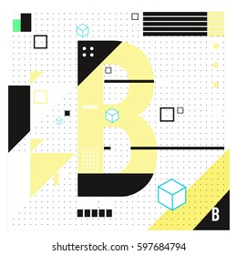Vector Letter B Memphis style geometrical color outline font. Graphical decorative type. Template for poster design.
