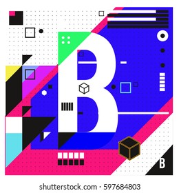 Vector Letter B Memphis style geometrical color outline font. Graphical decorative type. Template for poster design.