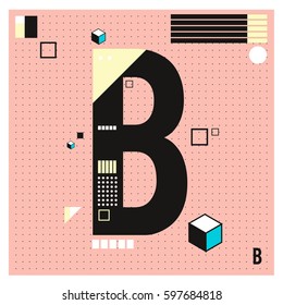Vector Letter B Memphis style geometrical color outline font. Graphical decorative type. Template for poster design.