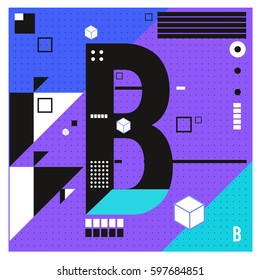 Vector Letter B Memphis style geometrical color outline font. Graphical decorative type. Template for poster design.