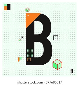 Vector Letter B Memphis style geometrical color outline font. Graphical decorative type. Template for poster design.