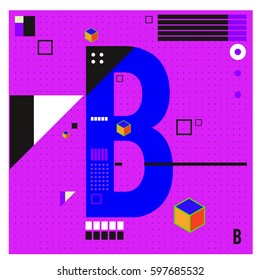 Vector Letter B Memphis style geometrical color outline font. Graphical decorative type. Template for poster design.