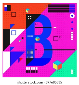 Vector Letter B Memphis style geometrical color outline font. Graphical decorative type. Template for poster design.