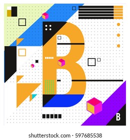 Vector Letter B Memphis style geometrical color outline font. Graphical decorative type. Template for poster design.