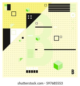 Vector Letter B Memphis style geometrical color outline font. Graphical decorative type. Template for poster design.