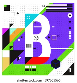 Vector Letter B Memphis style geometrical color outline font. Graphical decorative type. Template for poster design.