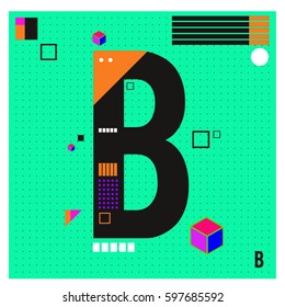 Vector Letter B Memphis style geometrical color outline font. Graphical decorative type. Template for poster design.