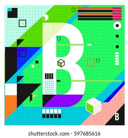 Vector Letter B Memphis style geometrical color outline font. Graphical decorative type. Template for poster design.