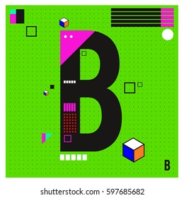 Vector Letter B Memphis style geometrical color outline font. Graphical decorative type. Template for poster design.