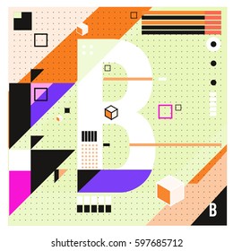 Vector Letter B Memphis style geometrical color outline font. Graphical decorative type. Template for poster design.