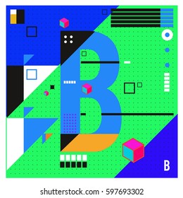 Vector Letter B Memphis style geometrical color outline font. Graphical decorative type. Template for poster design.