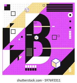 Vector Letter B Memphis style geometrical color outline font. Graphical decorative type. Template for poster design.