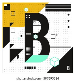 Vector Letter B Memphis style geometrical color outline font. Graphical decorative type. Template for poster design.