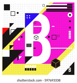 Vector Letter B Memphis style geometrical color outline font. Graphical decorative type. Template for poster design.