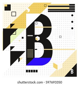 Vector Letter B Memphis style geometrical color outline font. Graphical decorative type. Template for poster design.