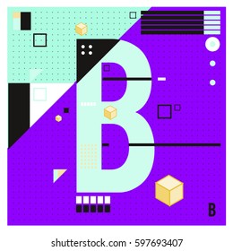 Vector Letter B Memphis style geometrical color outline font. Graphical decorative type. Template for poster design.