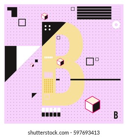 Vector Letter B Memphis style geometrical color outline font. Graphical decorative type. Template for poster design.