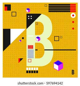 Vector Letter B Memphis style geometrical color outline font. Graphical decorative type. Template for poster design.