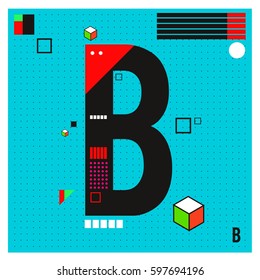 Vector Letter B Memphis style geometrical color outline font. Graphical decorative type. Template for poster design.