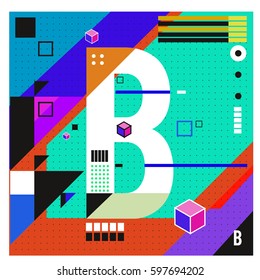 Vector Letter B Memphis style geometrical color outline font. Graphical decorative type. Template for poster design.