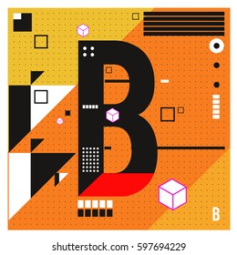 Vector Letter B Memphis style geometrical color outline font. Graphical decorative type. Template for poster design.