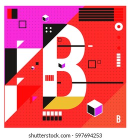 Vector Letter B Memphis style geometrical color outline font. Graphical decorative type. Template for poster design.