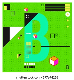 Vector Letter B Memphis style geometrical color outline font. Graphical decorative type. Template for poster design.