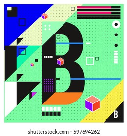 Vector Letter B Memphis style geometrical color outline font. Graphical decorative type. Template for poster design.
