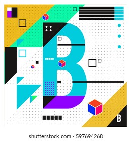 Vector Letter B Memphis style geometrical color outline font. Graphical decorative type. Template for poster design.
