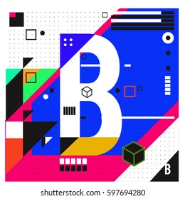 Vector Letter B Memphis style geometrical color outline font. Graphical decorative type. Template for poster design.