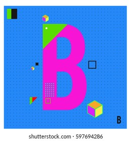 Vector Letter B Memphis style geometrical color outline font. Graphical decorative type. Template for poster design.