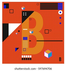 Vector Letter B Memphis style geometrical color outline font. Graphical decorative type. Template for poster design.