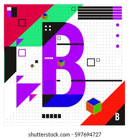 Vector Letter B Memphis style geometrical color outline font. Graphical decorative type. Template for poster design.