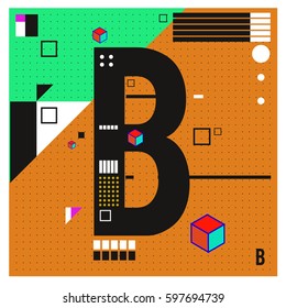 Vector Letter B Memphis style geometrical color outline font. Graphical decorative type. Template for poster design.