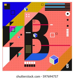 Vector Letter B Memphis style geometrical color outline font. Graphical decorative type. Template for poster design.
