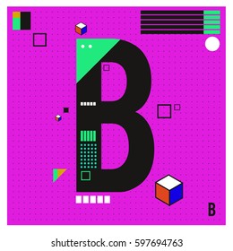 Vector Letter B Memphis style geometrical color outline font. Graphical decorative type. Template for poster design.