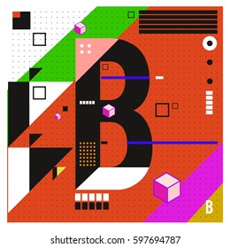 Vector Letter B Memphis style geometrical color outline font. Graphical decorative type. Template for poster design.