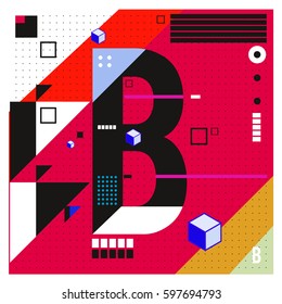 Vector Letter B Memphis style geometrical color outline font. Graphical decorative type. Template for poster design.