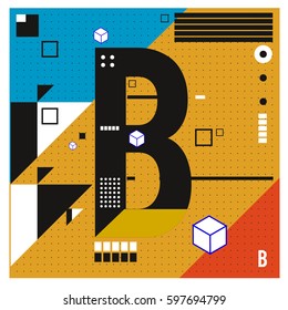 Vector Letter B Memphis style geometrical color outline font. Graphical decorative type. Template for poster design.