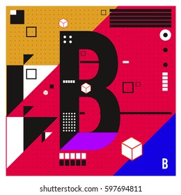 Vector Letter B Memphis style geometrical color outline font. Graphical decorative type. Template for poster design.