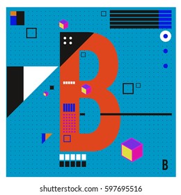 Vector Letter B Memphis style geometrical color outline font. Graphical decorative type. Template for poster design.