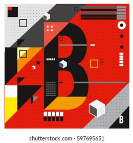Vector Letter B Memphis style geometrical color outline font. Graphical decorative type. Template for poster design.