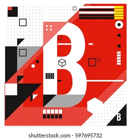 Vector Letter B Memphis style geometrical color outline font. Graphical decorative type. Template for poster design.