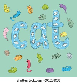 Vector letter C. The capital letter C made of elements - fish and colorful sleeping cats around. Vector cats abc. English alphabet. Font vector illustration. 