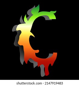 Vector letter C. Colorful alphabet set. Green yellow red color. On black background.