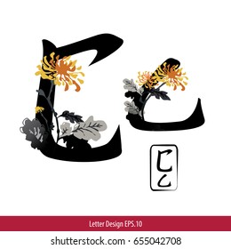 Vector of Letter C English alphabet in Chinese characters style with Chinese flower painting.