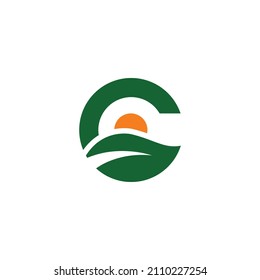 Vector Letter C Logo Template combined with leaves and sun, suitable for nature, plantations or those related to nature.