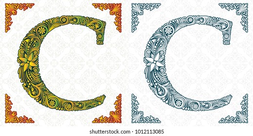 Vector letter C. Patterned font. Monogram. Unique ornamental alphabet. Spring leaf pattern. Handmade. Template for wedding invitations, postcards, booklets, posters, printing.