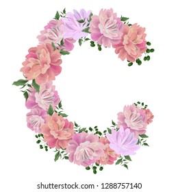 Vector letter "C" of peony flowers. All elements are isolated.