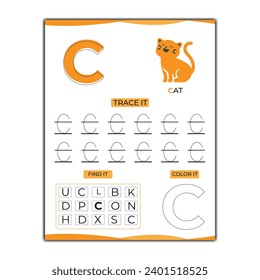 vector letter c worksheet template with cat